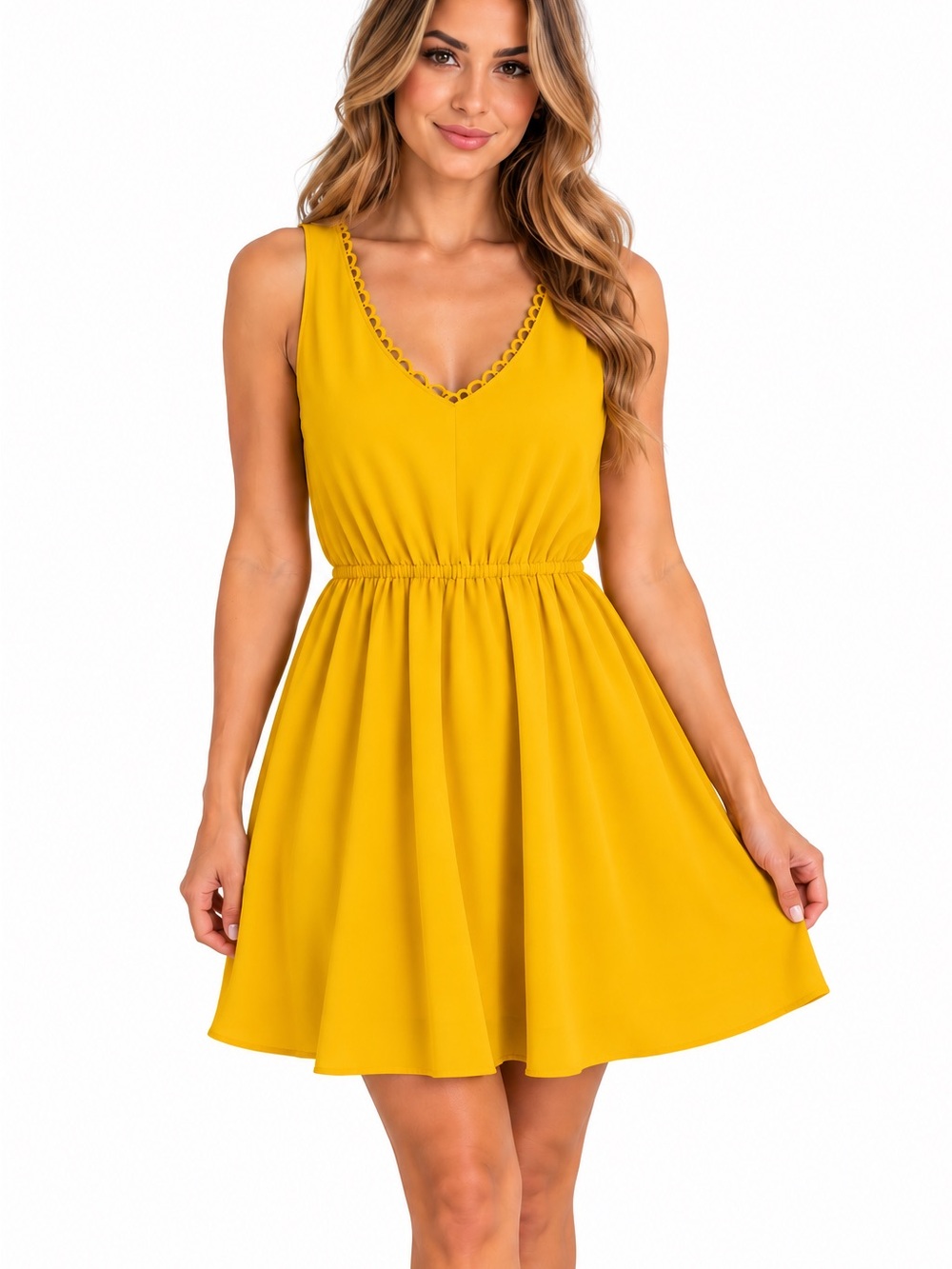 Naked Zebra Mustard Yellow Scallop Trim Sleeveless Mini Dress Small